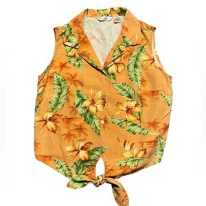 Tommy Bahama Silk Floral Button Down Tie Shirt‎ Size 10 Sleeveless Hawaiian Tank